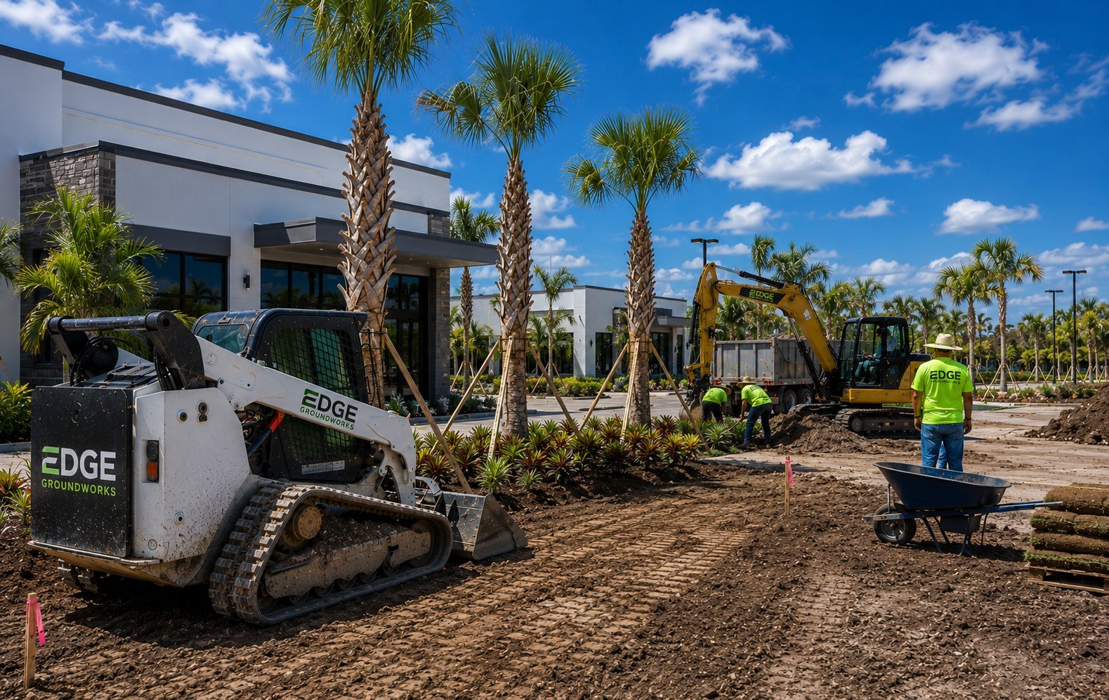 Construction site with heavy equipment including white EDGE skid steer loader and excavator, palm trees, and workers in safety gear