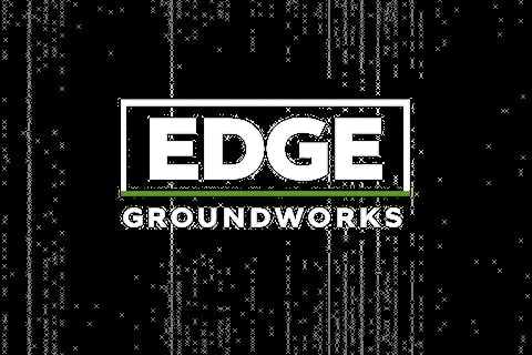 Edge Groundworks logo with white text and green underline on digital black matrix-style background