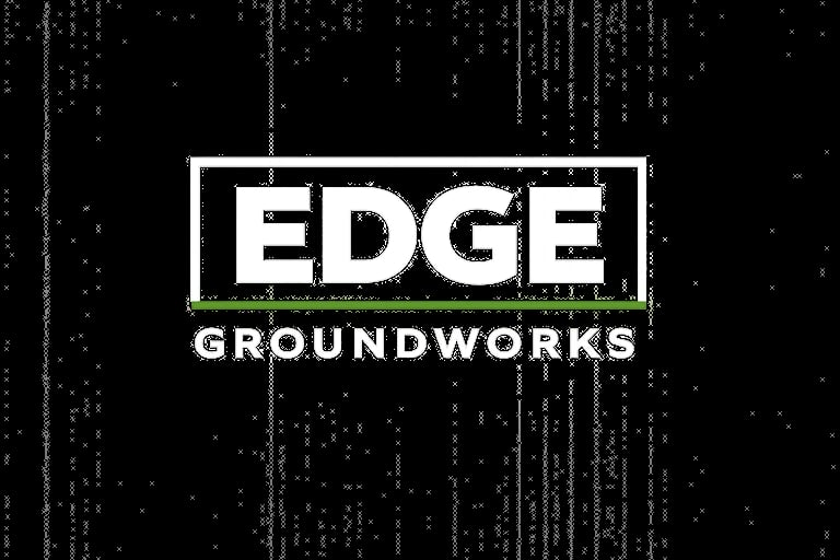 Edge Groundworks logo with white text and green underline on digital black matrix-style background