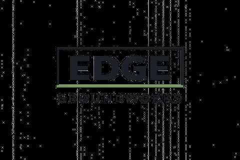 EDGE logo with glitchy digital effect on black background with white pixelated elements